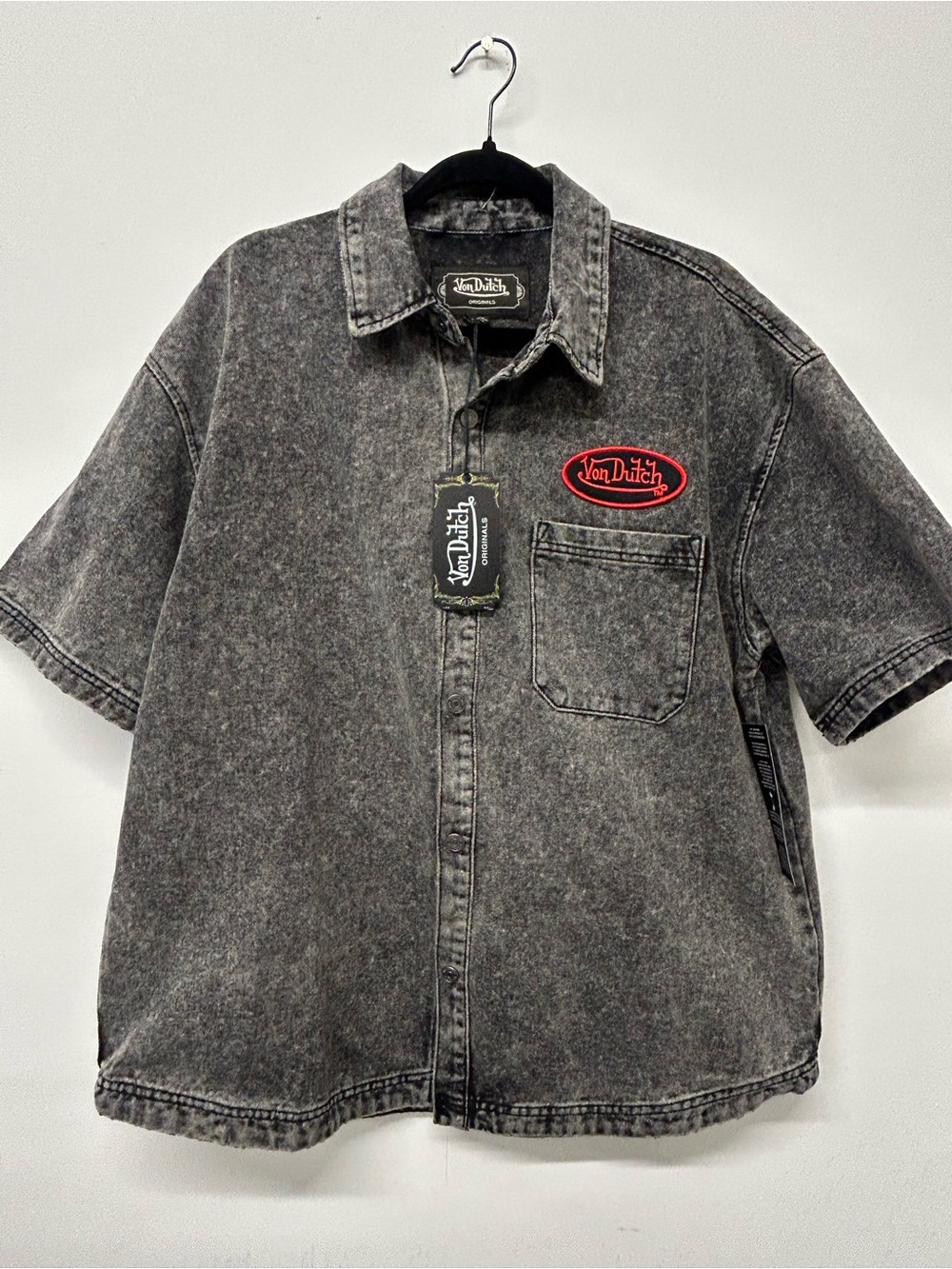 Von Dutch Washed Black Short-Sleeve Button-Down Shirt with Red Logo